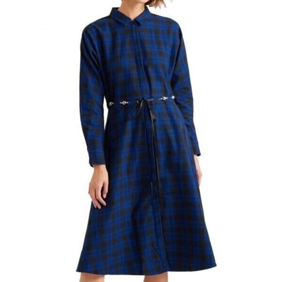 Maje Dress Rebel Belted Check Flannel Midi Blue Black Long Sleeve Button… - Picture 3 of 12